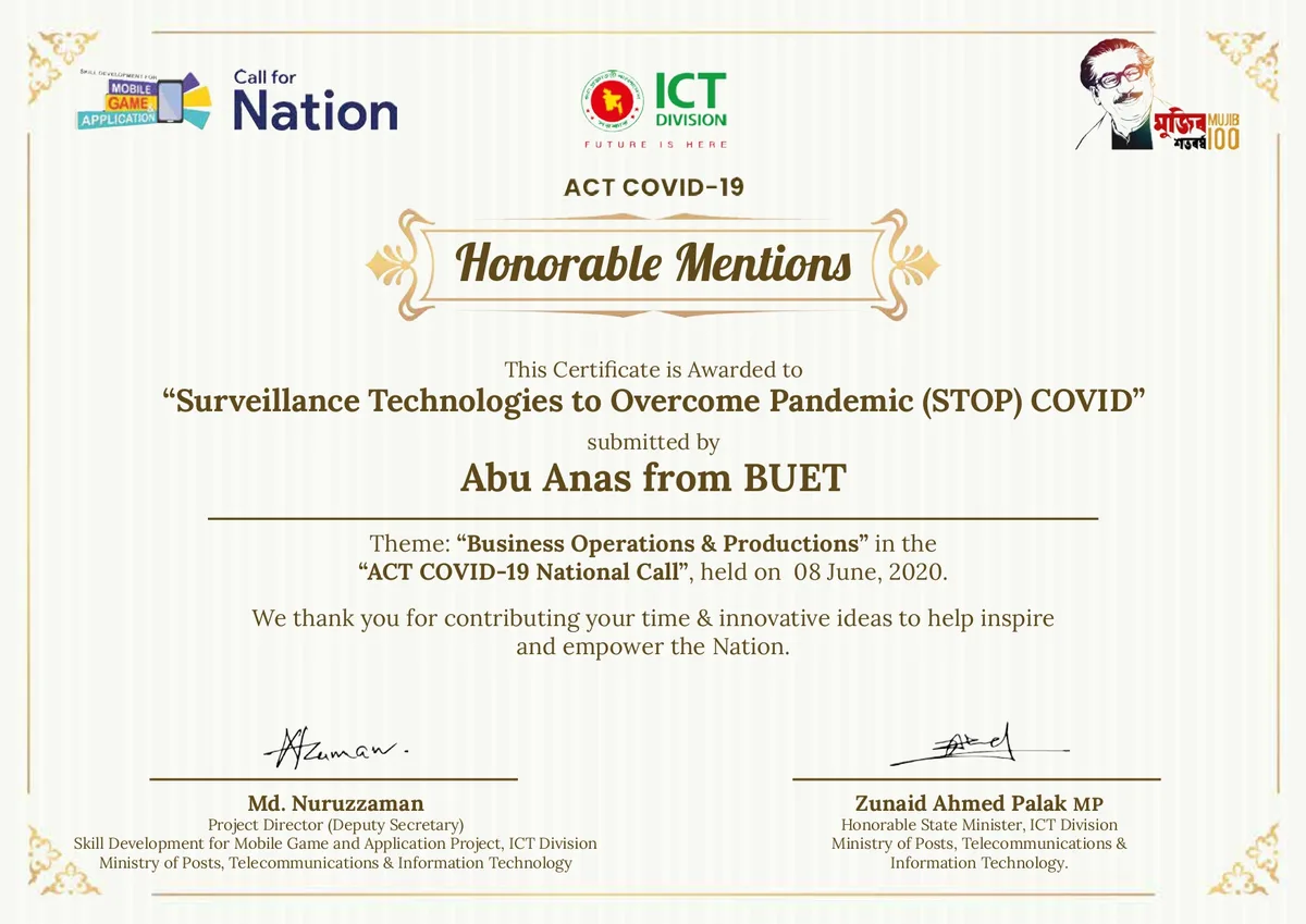 STOP COVID National Call — National Award - Official Award Certificate